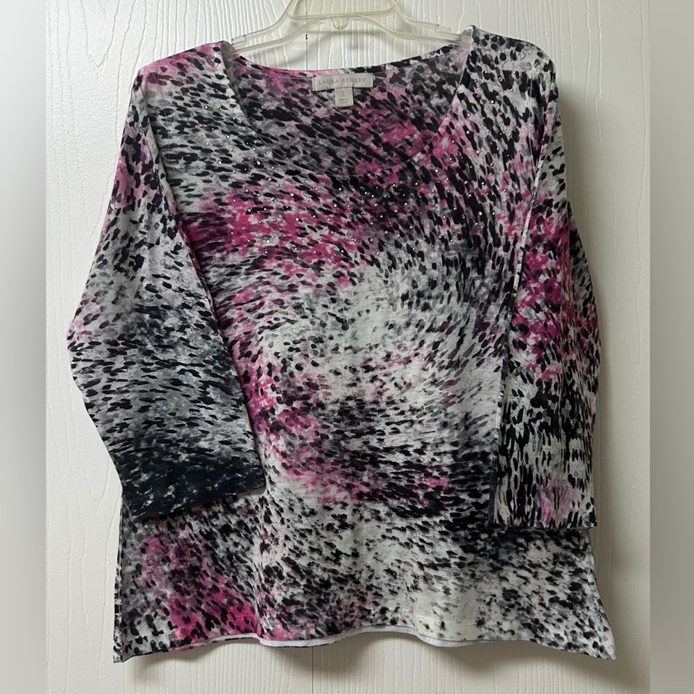 Laura Ashley Pink and Black Swirl Blouse with sparkle embellishments